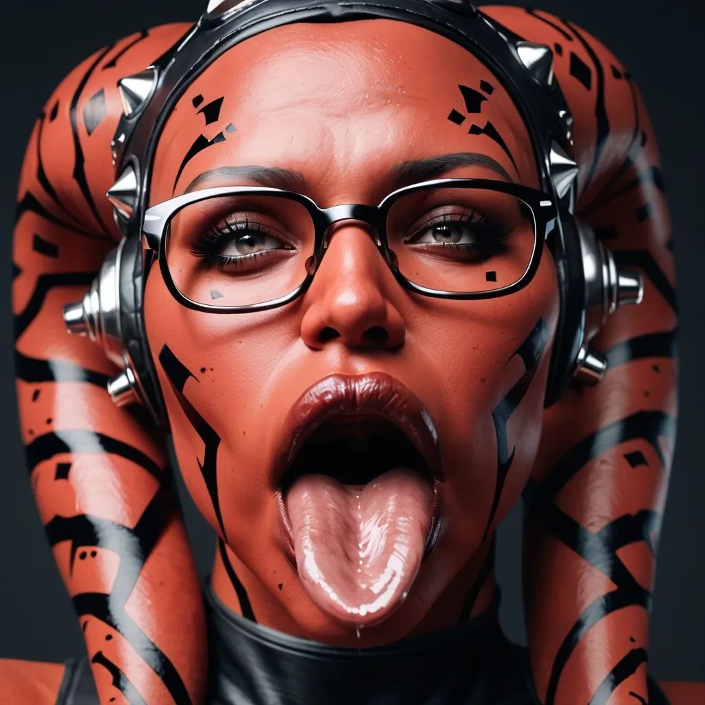 (3d), Indian twi'lek, (obese), milf hyper lips, gaping mouth, tongue out, red skin, darth talon, glasses