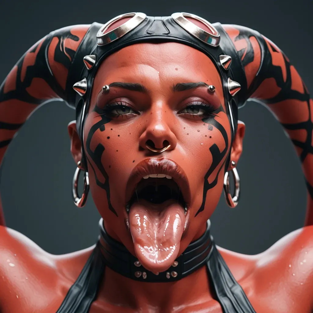 (3d), Indian hindi twi'lek, (obese), hyper lips, gaping mouth, tongue out, red skin, darth talon, facial piercings, cow nose ring, spike eyebrow piercings, freckles