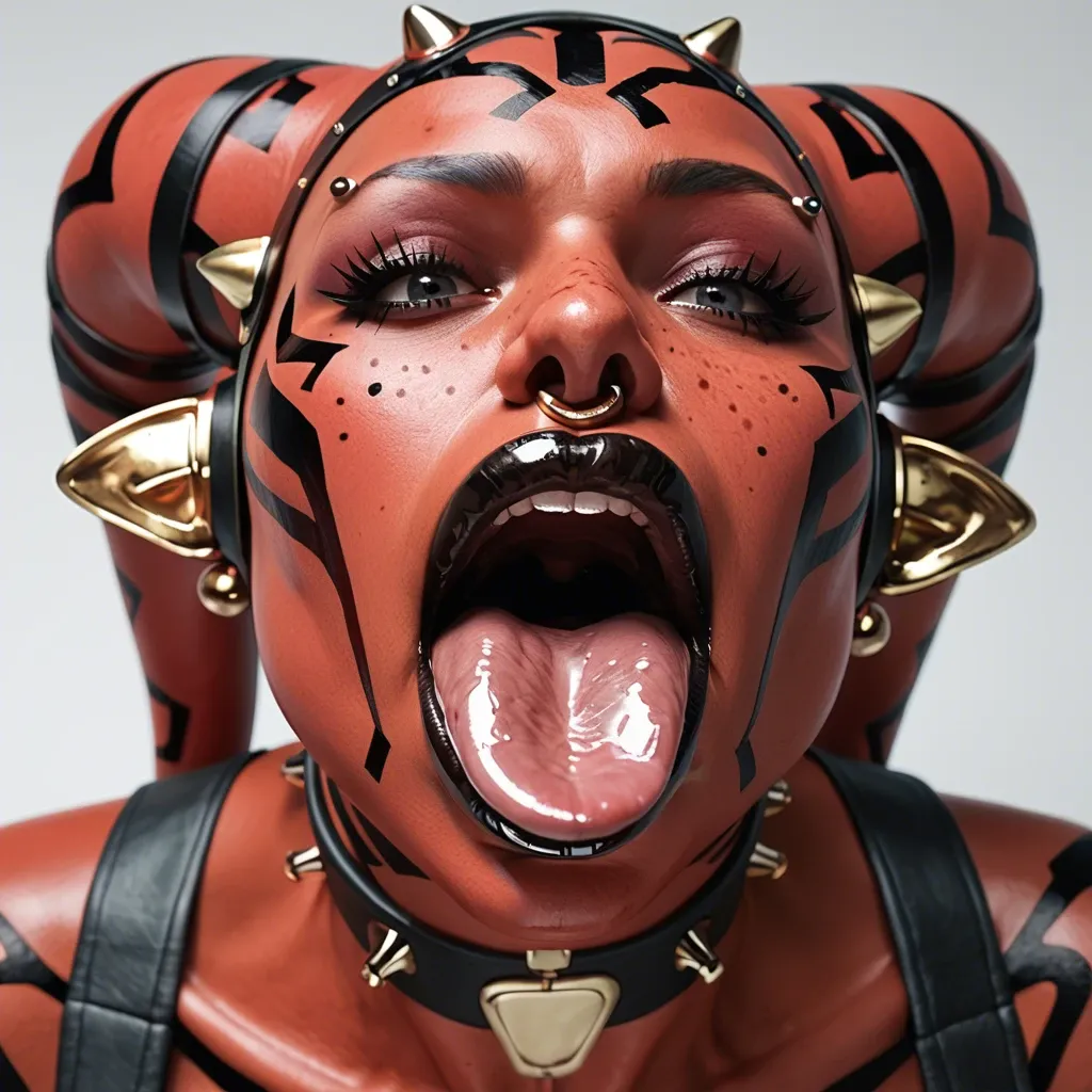 (3d), Indian hindi twi'lek, (obese), hyper lips, gaping mouth, tongue out, red skin, darth talon, facial piercings, cow nose ring, spike eyebrow piercings, freckles