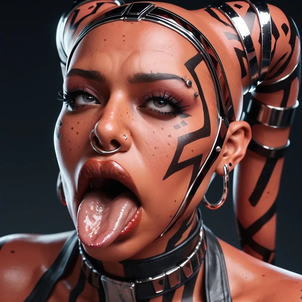 (3d), Indian hindi twi'lek, (obese), hyper lips, gaping mouth, tongue out, red skin, darth talon, facial piercings, cow nose ring, spike eyebrow piercings, freckles