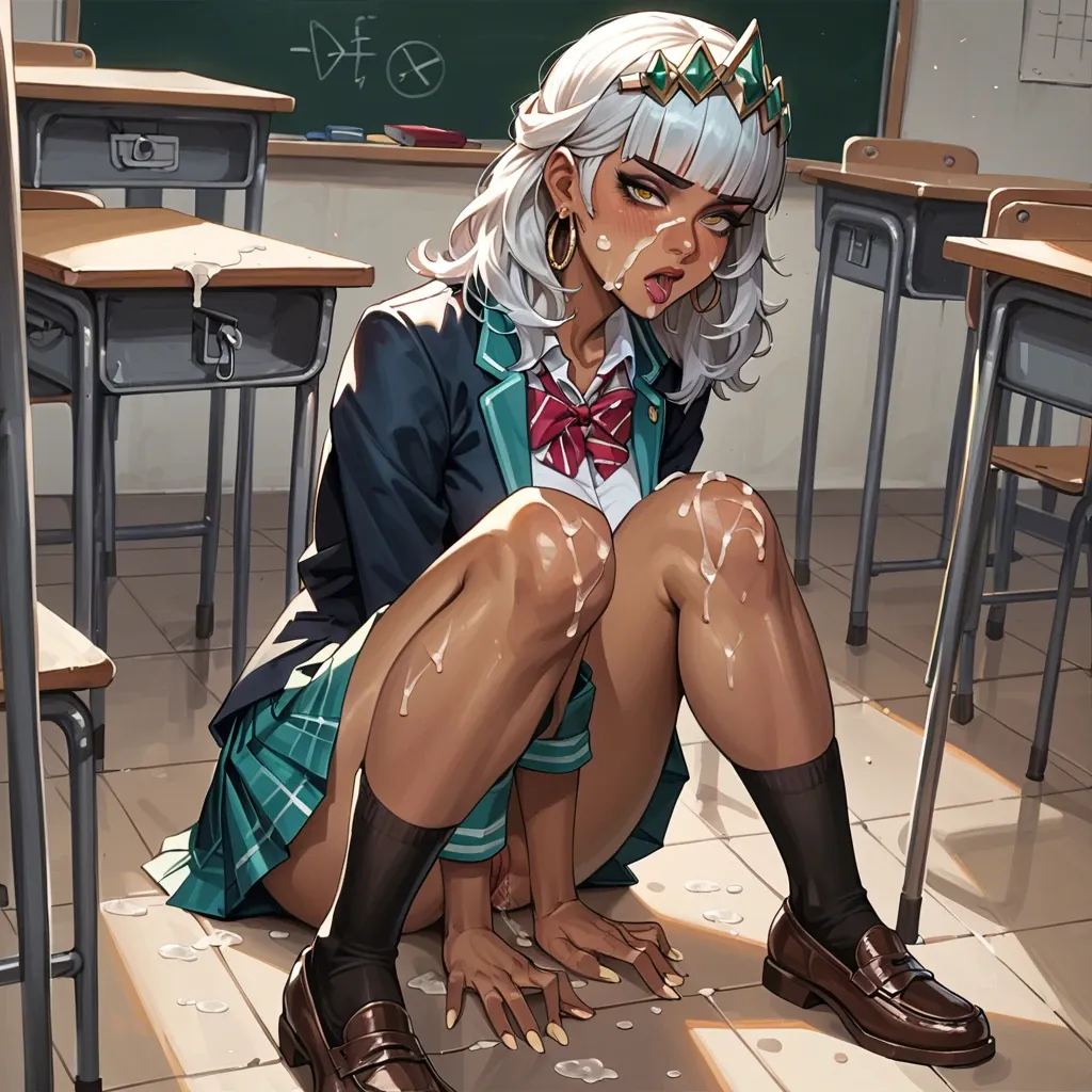 qiyana, school uniform, bukkake on knees, in classroom