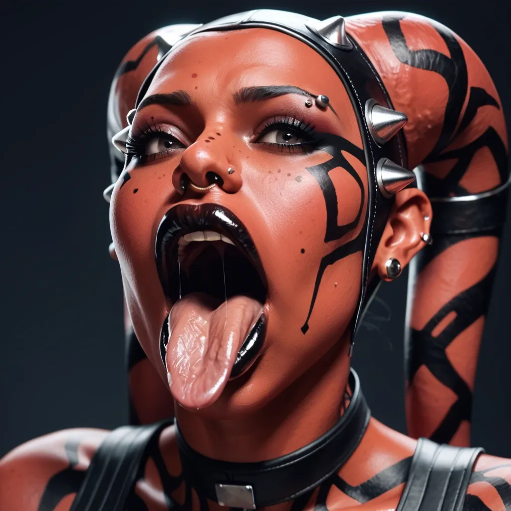 (3d), Indian hindi twi'lek, (obese), hyper lips, gaping mouth, tongue out, red skin, darth talon, facial piercings, cow nose ring, spike eyebrow piercings, freckles