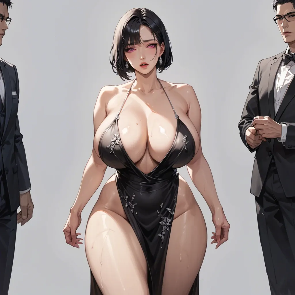 Korean milf, bob cut, black hair, pink eyes, huge breasts, wide hips, big thighs, black evening gown