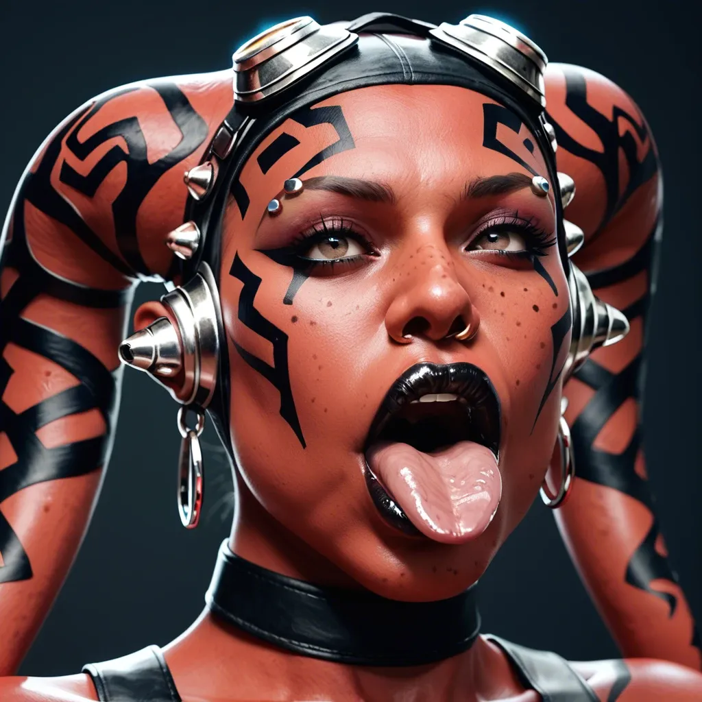 (3d), Indian hindi twi'lek, (obese), hyper lips, gaping mouth, tongue out, red skin, darth talon, facial piercings, cow nose ring, spike eyebrow piercings, freckles