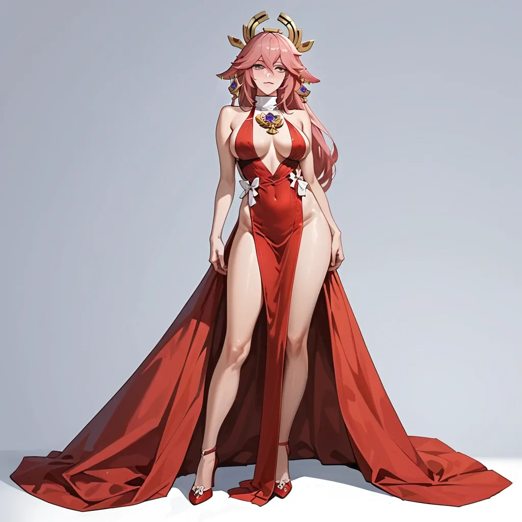 Yae Miko from Genshin Impact, wearing a long red evening dress with a bare, deep neckline, a long slit in the thigh, stands on the carpet surrounded by paparazzi, posing