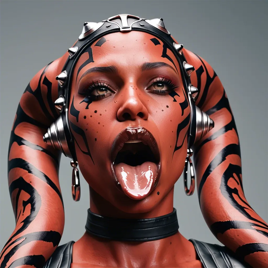 (3d), Indian hindi twi'lek, (obese), hyper lips, gaping mouth, tongue out, red skin, darth talon, facial piercings, freckles