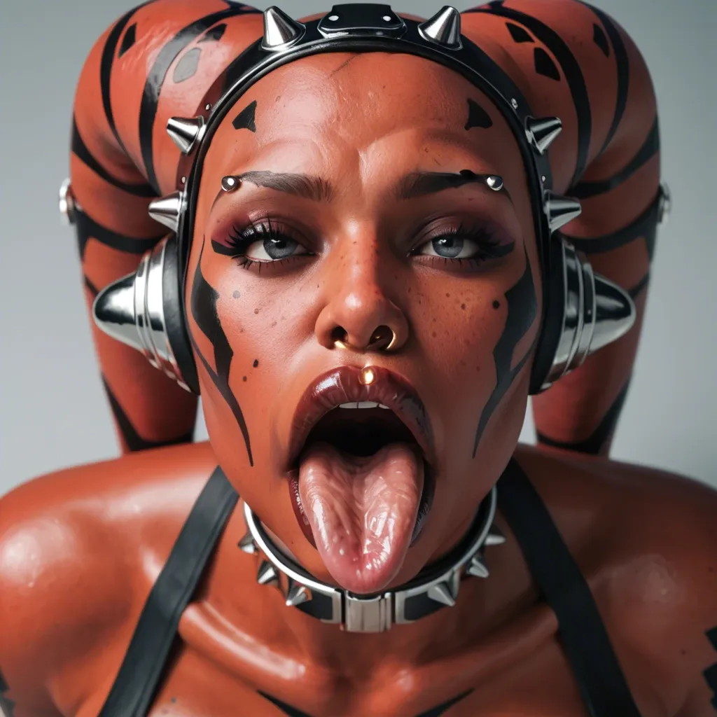 (3d), Indian hindi twi'lek, (obese), hyper lips, gaping mouth, tongue out, red skin, darth talon, facial piercings, cow nose ring, spike eyebrow piercings, freckles