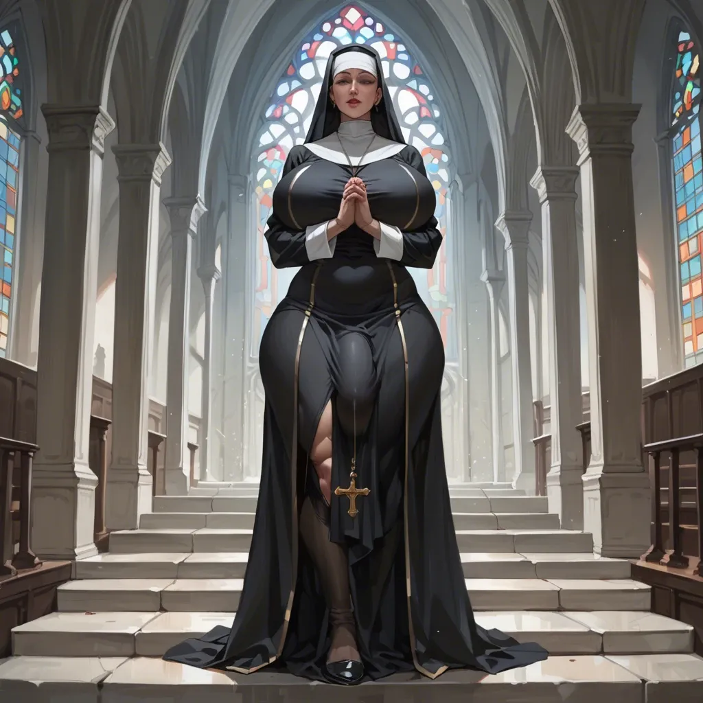 Milf,Nun,Huge ass, wide hips, thick thighs, huge breasts,breasts bigger than head, futanari , massive cock, huge balls ,flaccid,  huge bulge, ankle long skirt, full body view, standing, praying, , leaking cum on floor, standing in cum puddle