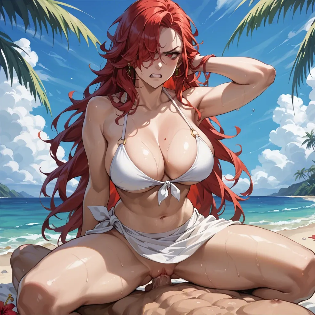 persona 3  , red hair, long hair, hair over one eye, red eyes, white bikini, front-tie top, white sarong, red hibiscus pin, large breasts, cleavage, Angry woman, blue sky, beach,  Boy has vaginal sex with woman using Arm restraint missionary position sex with huge penis ,The boy pushes her down