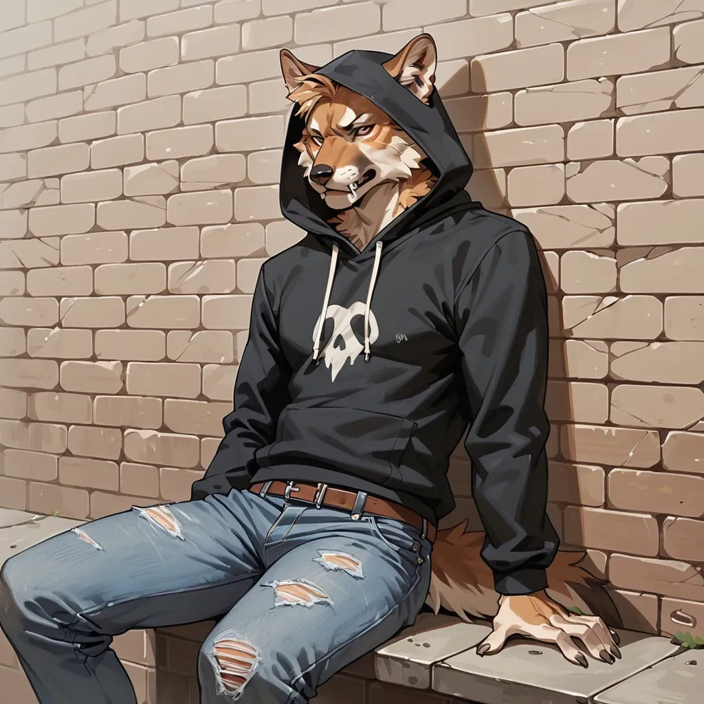 anthro shepherd sitting on the wall,in black zio hoodie and jeans