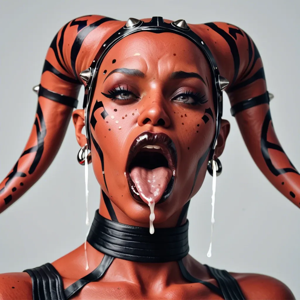 (3d), Indian hindi twi'lek, (obese), hyper lips, gaping mouth, tongue out, red skin, darth talon, facial piercings, freckles