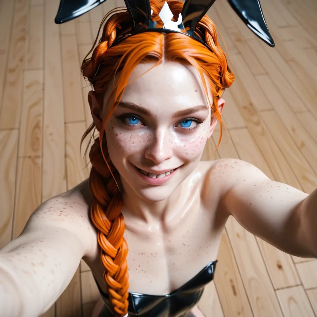 1femboy,3d,freckles ,blue eyes, skinny, pretty boy, braided crown, orange hair,high angle selfie,face close-up,rubberized,full package futanari,white paled skin, flat chest, rabbit costume, smiling big,