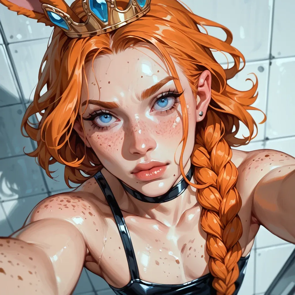 1femboy,freckles ,blue eyes, skinny, pretty boy, braided crown, orange hair,high angle selfie,face close-up,rubberized,full package futanari,white paled skin, flat chest, rabbit clothes,