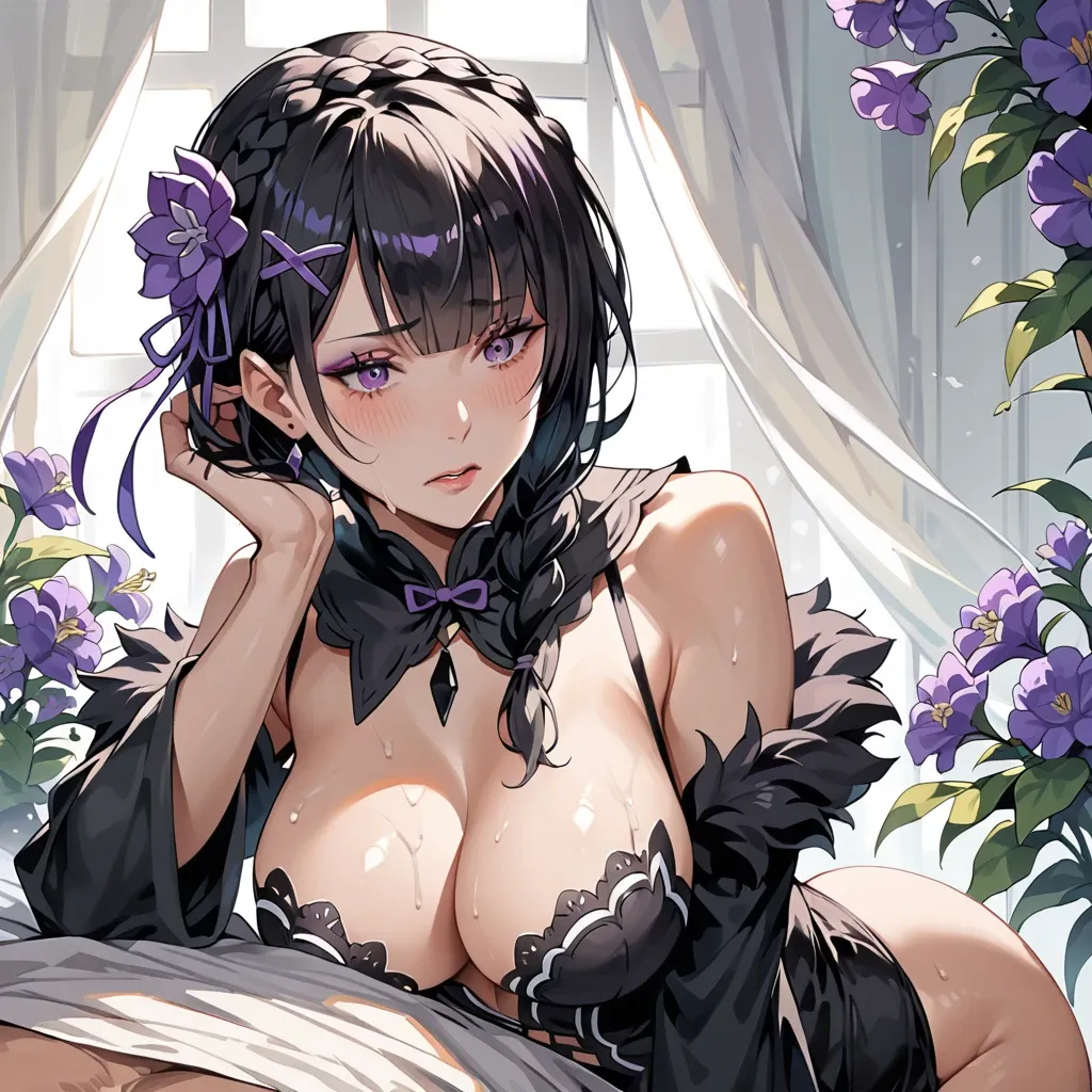 RE: Zero - Starting Life in Another World,purple flower,hair flower,bangs,purple eyes,braid,mature female,makeup,eyelashes,hair over shoulder,black hair,two-sided fabric,fur trim,revealing clothes,large breasts,black dress,strapless dress,pelvic curtain,bridal gauntlets,detached sleeves,brown, Frustrated woman,Young female,Beautiful Fingers,Beautiful long legs,Beautiful body,Beautiful Nose,Beautiful character design, perfect eyes, perfect face,expressive eyes, Boy grabs woman's head with dirty huge dick and deepthroats her, ejaculating