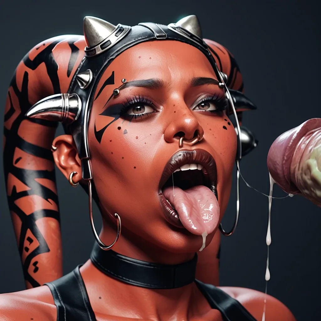 (3d), Indian hindi twi'lek, (obese), hyper lips, gaping mouth, tongue out, red skin, darth talon, facial piercings, cow nose ring, spike eyebrow piercings, freckles