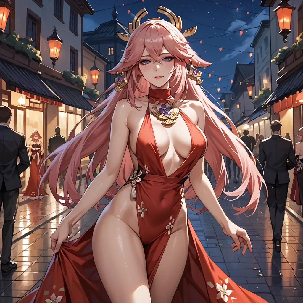 Yae miko from Genshin Impact, dressed in a luxurious silk long fitted red evening dress with a naked body, deep neckline, posing on the street, standing sideways, night