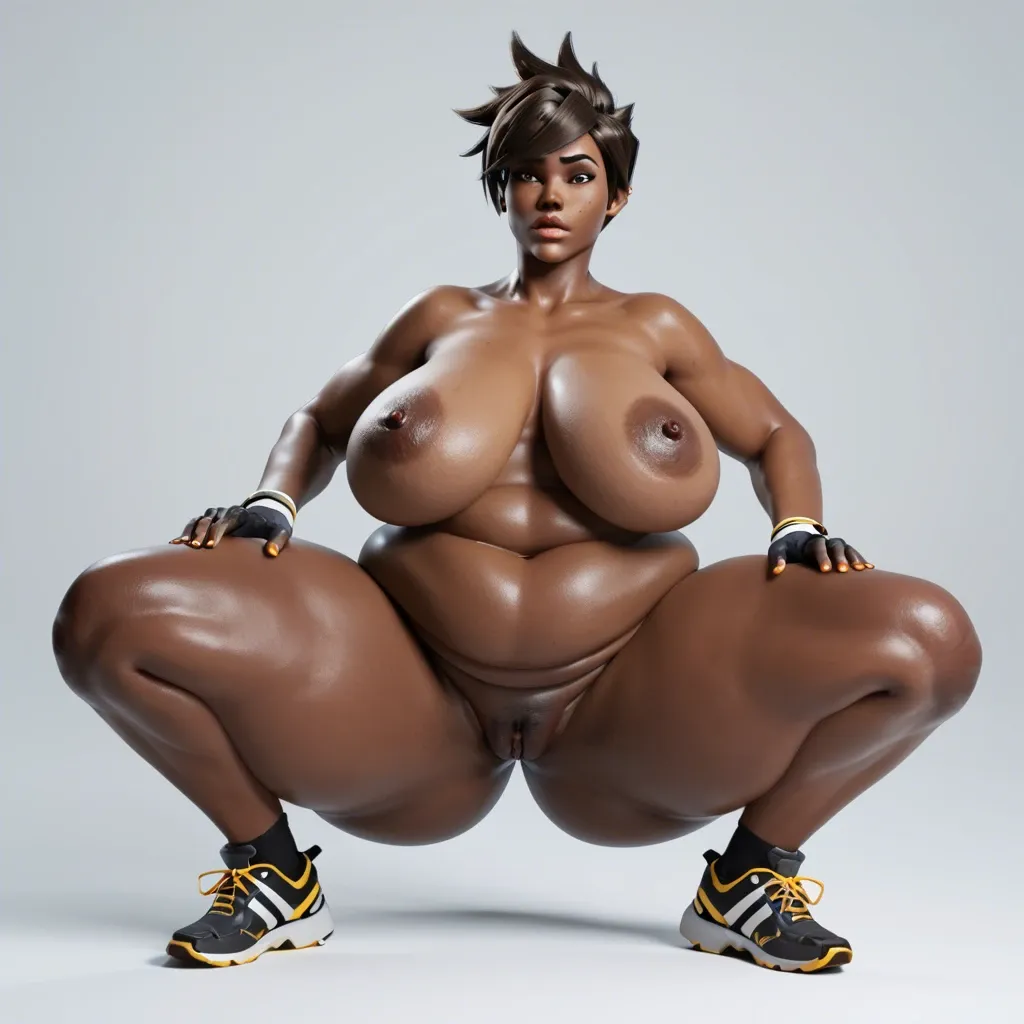 (3d), race change, African female, dark skin, African Tracer Overwatch, afro, hyper lips, sagging breasts, obese, fat legs