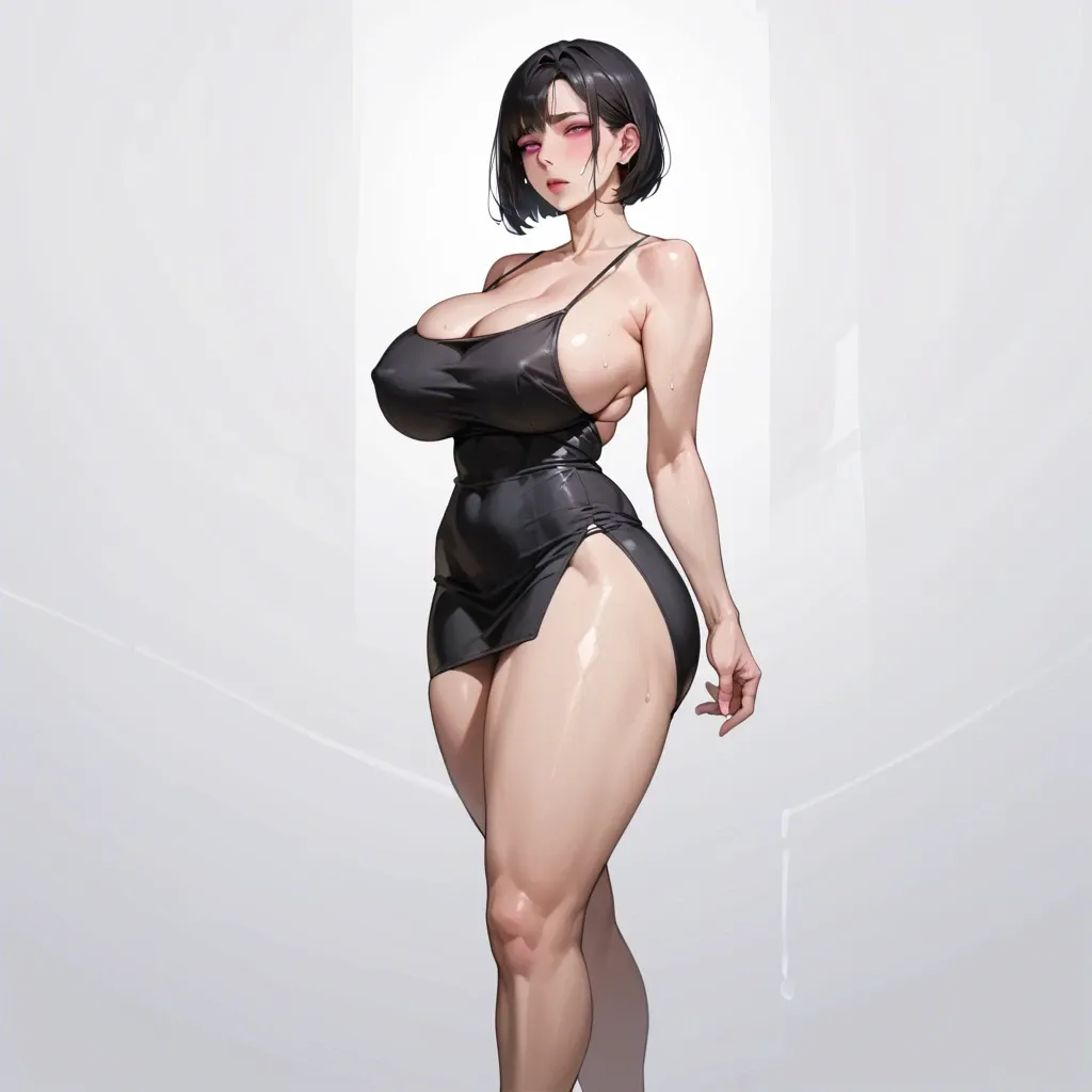 Korean milf, bob cut, black hair, pink eyes, huge breasts, wide hips, big thighs, black mini dress