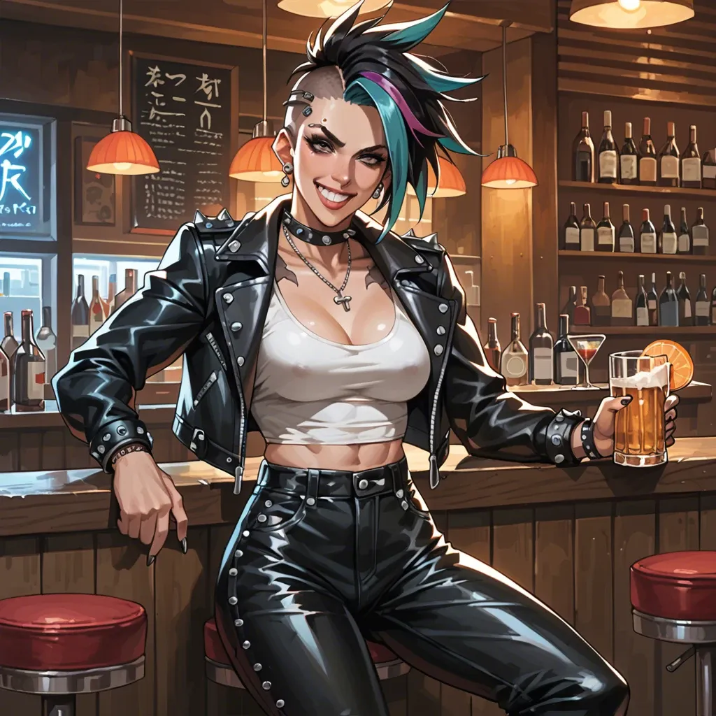 Female punk rocker, leather jacket, Japanese, leather trousers, pub, friendly, smiling, flirting, 1girl solo