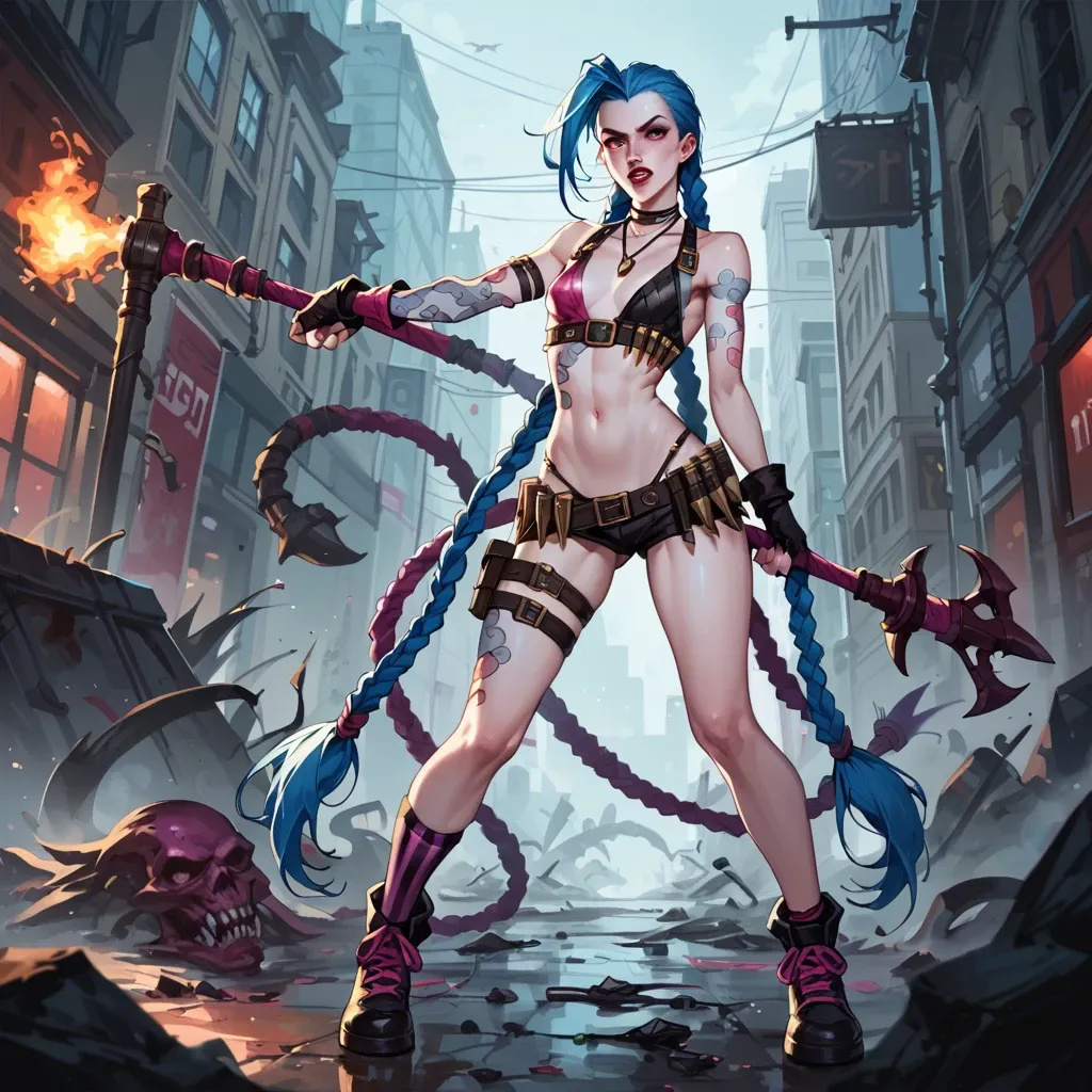 Jinx,league of legends,petite body,long blue hair,braids,outfit,full body,looking at viewer,toxic city,standing