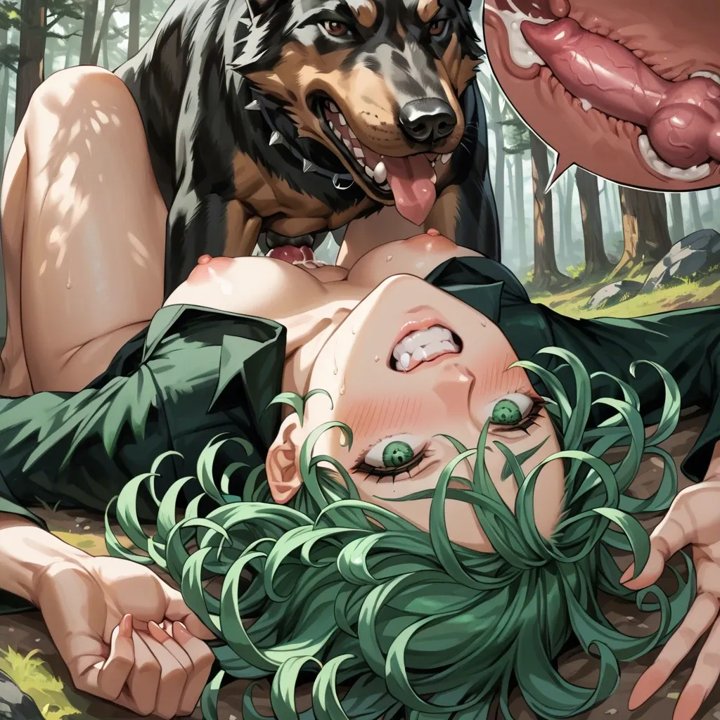 close-up, Tatsumaki(One-Punch Man), upside-down, forest, eye contact, detailed eyes, blushing, laying on back, clenched teeth, internal creampie, canine penis, missionary with feral wolfdog, voluptuous, licking face