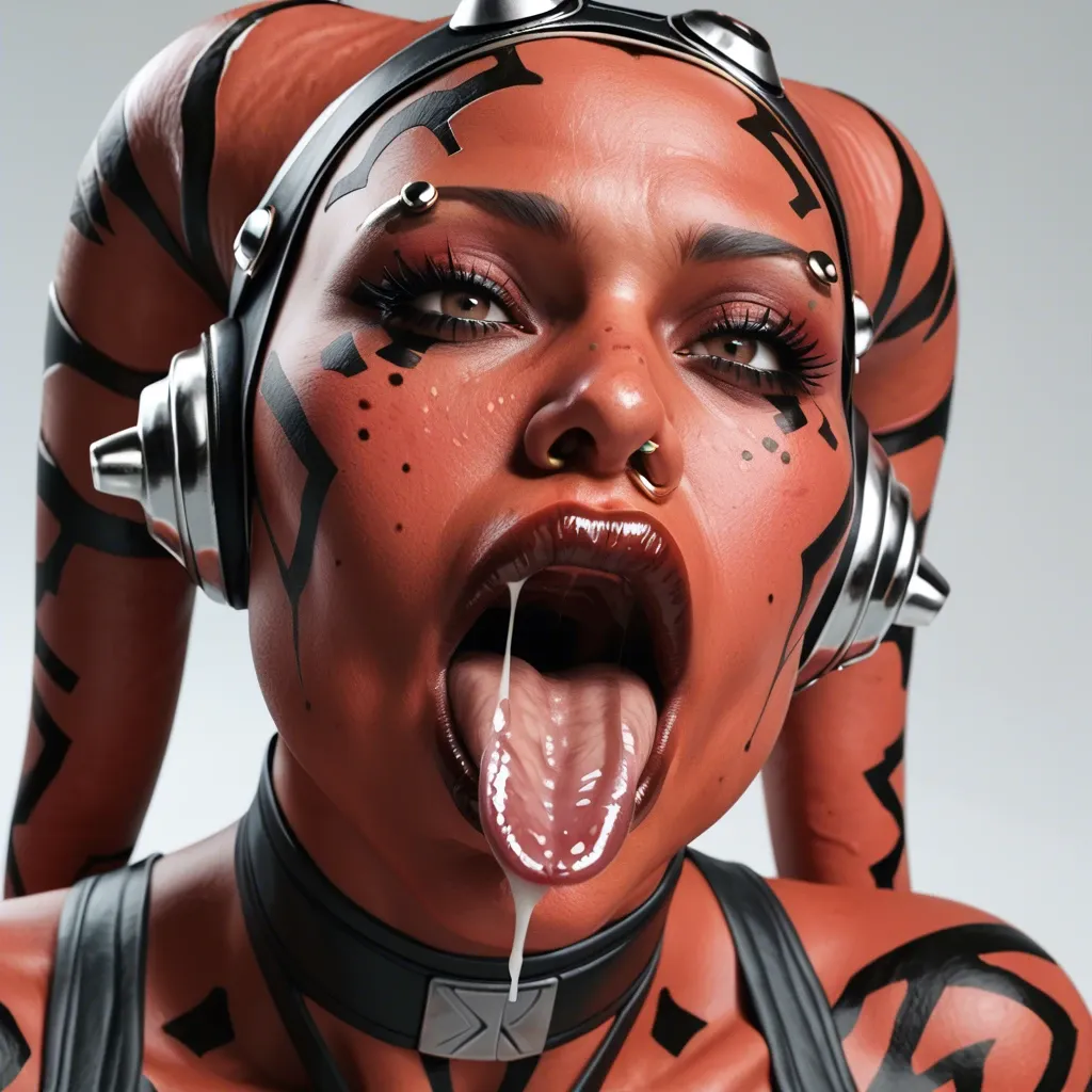 (3d), Indian hindi twi'lek, (obese), hyper lips, gaping mouth, tongue out, red skin, darth talon, facial piercings, cow nose ring, spike eyebrow piercings, freckles