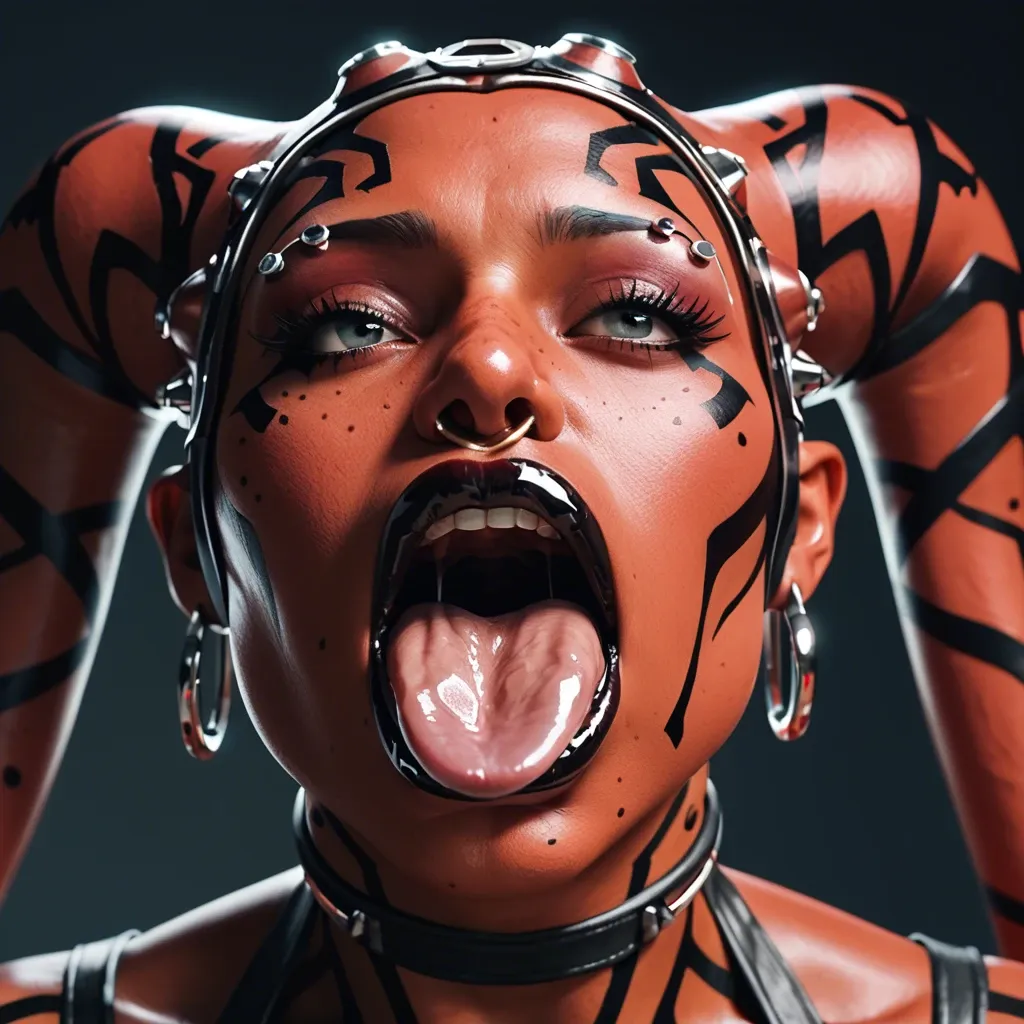 (3d), Indian hindi twi'lek, (obese), hyper lips, gaping mouth, tongue out, red skin, darth talon, facial piercings, nose ring, eyebrow piercings, freckles