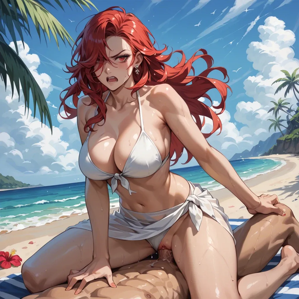 persona 3  , red hair, long hair, hair over one eye, red eyes, white bikini, front-tie top, white sarong, red hibiscus pin, large breasts, cleavage, Angry woman, blue sky, beach,  Boy has vaginal sex with woman using Arm restraint missionary position sex with huge penis ,The boy pushes her down