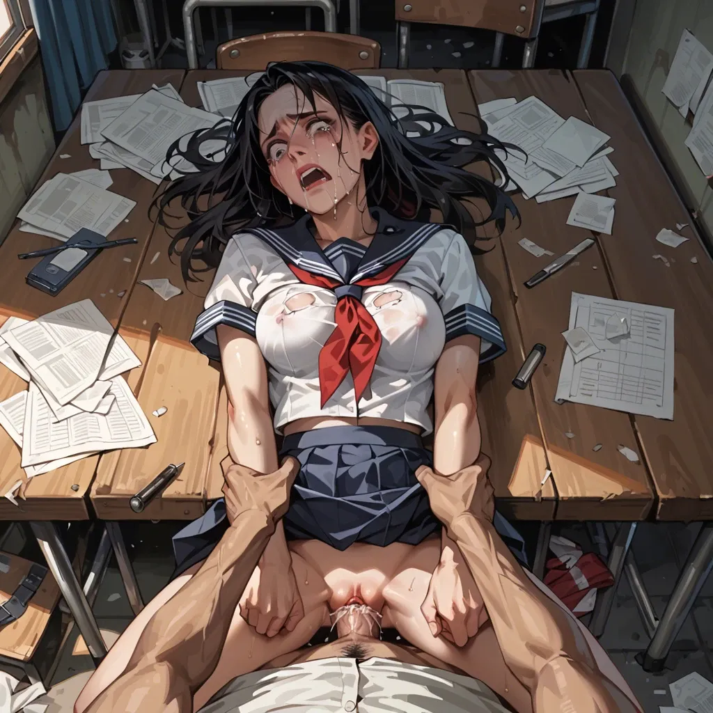 Gotic girl, sad, school uniform,pressed to the worn table, in a abandoned apartment, rubbing her vagina , pov in first person, crying, scared, hold arms in back, deep thrusting,