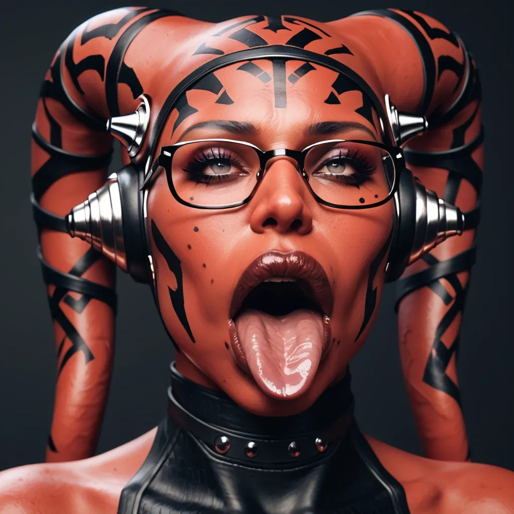 (3d), Indian twi'lek, (obese), milf hyper lips, gaping mouth, tongue out, red skin, darth talon, glasses