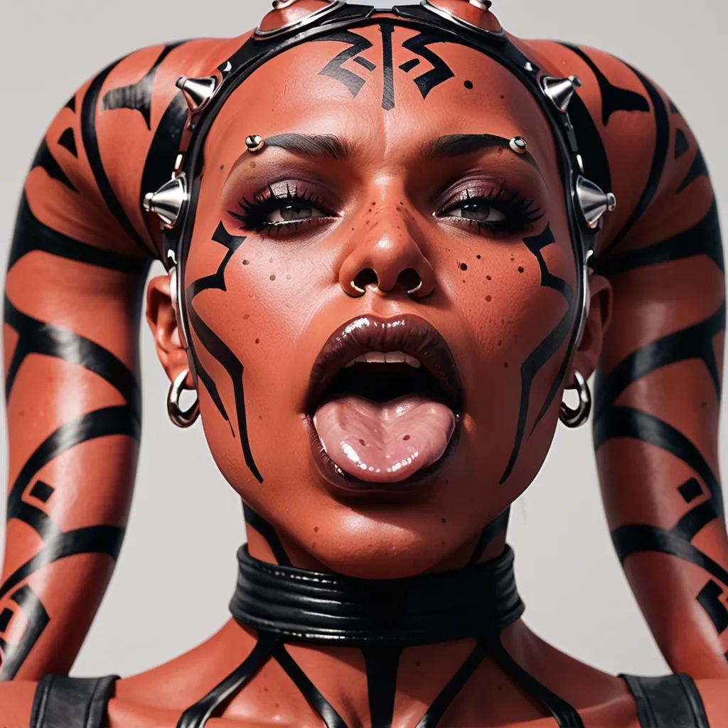 (3d), Indian hindi twi'lek, (obese), hyper lips, gaping mouth, tongue out, red skin, darth talon, facial piercings, nose ring, eyebrow piercings, freckles