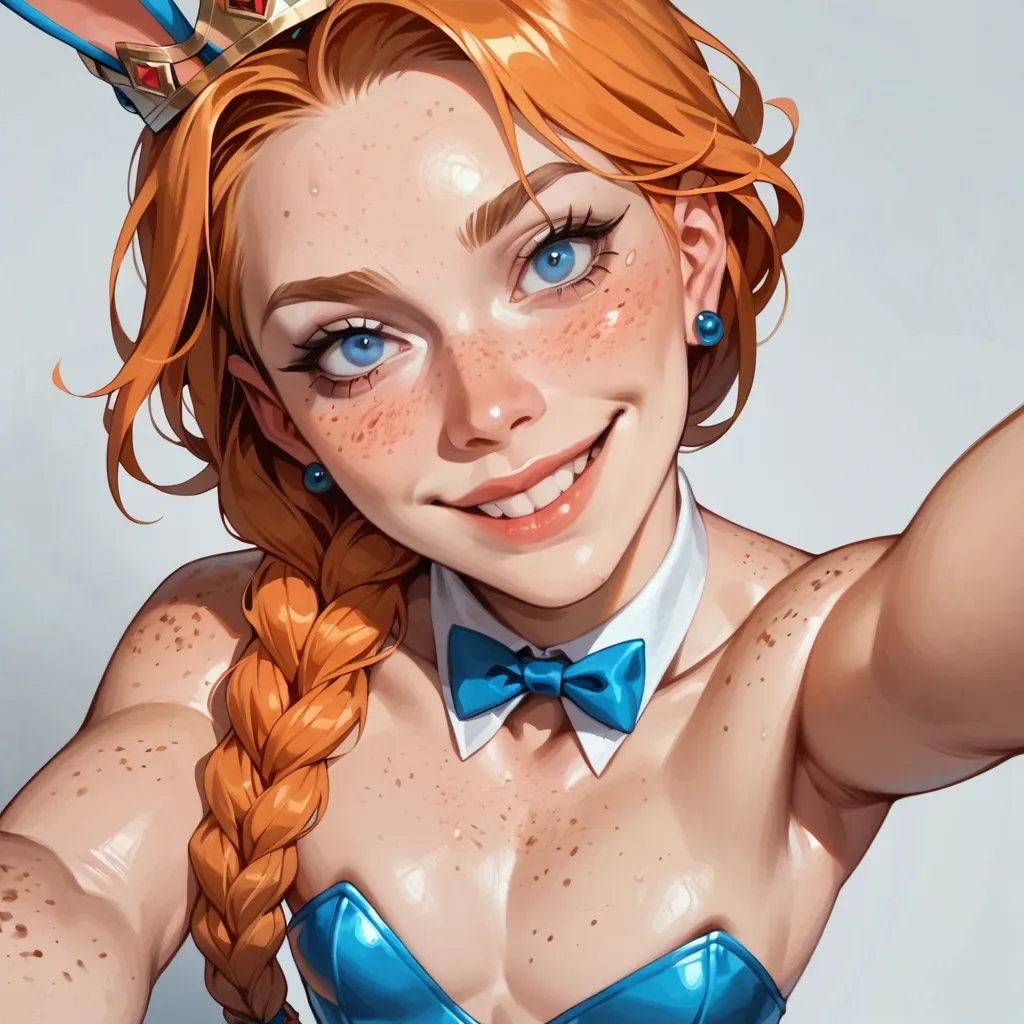 1femboy,freckles ,blue eyes, skinny, pretty boy, braided crown, orange hair,high angle selfie,face close-up,rubberized,full package futanari,white paled skin, flat chest, rabbit costume, big smile, perfect teeth,