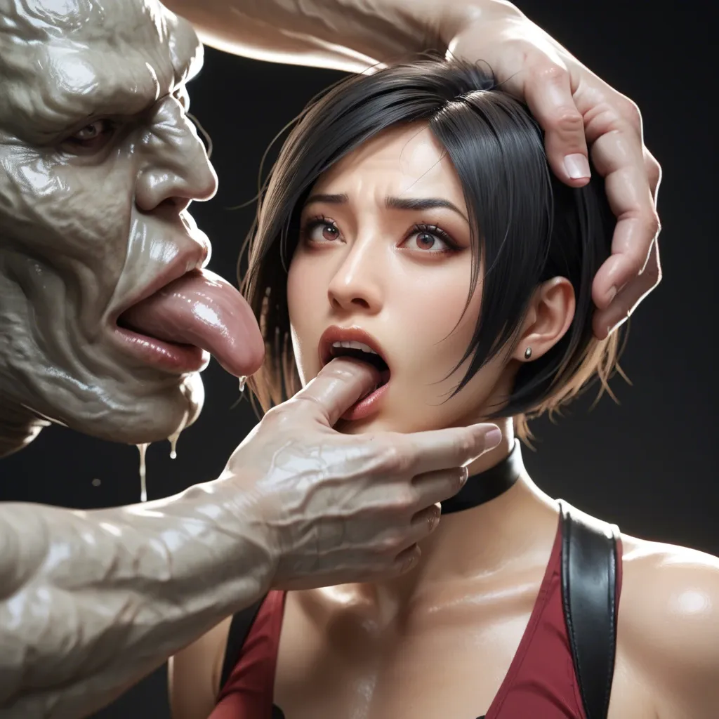 Dark room. Ada Wong. Tyrant. Grap. Shocked face. Realistic style. Finger in mouth