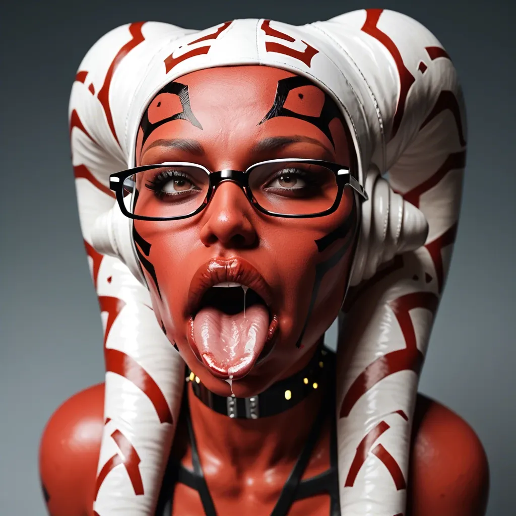 (3d), Indian twi'lek, (obese), milf hyper lips, gaping mouth, tongue out, red skin, darth talon, glasses