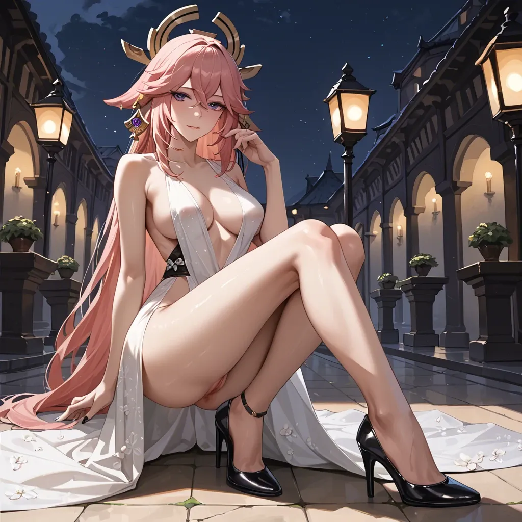 Yae Miko from Genshin Impact, dressed in a luxurious silk long fitted black evening dress for a naked body with a deep neckline, poses outside at night, in glossy black high-heeled shoes,