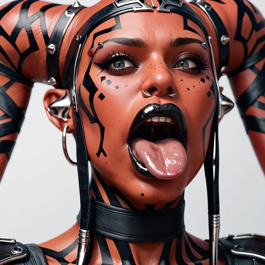 (3d), Indian hindi twi'lek, (obese), hyper lips, gaping mouth, tongue out, red skin, darth talon, facial piercings, cow nose ring, spike eyebrow piercings, freckles