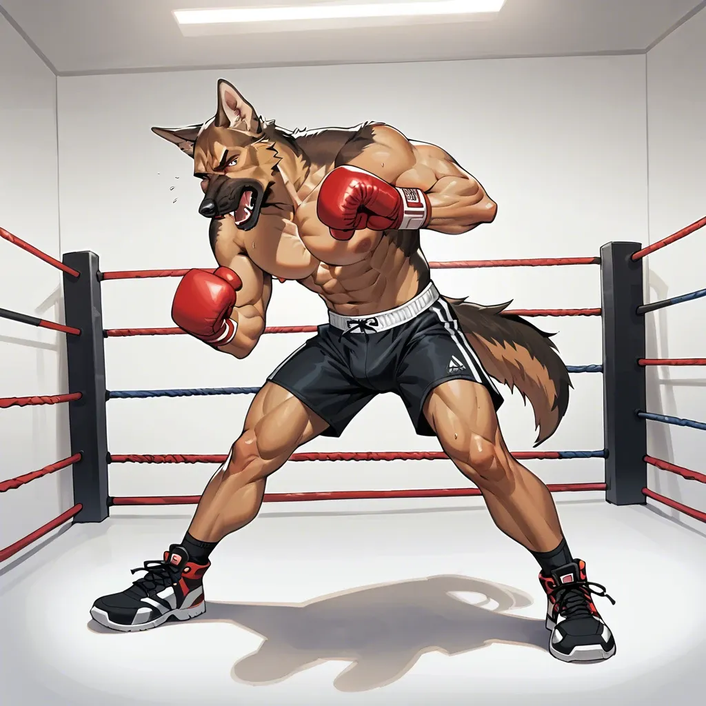 anthro german shepherd in boxing gloves smiles and punches