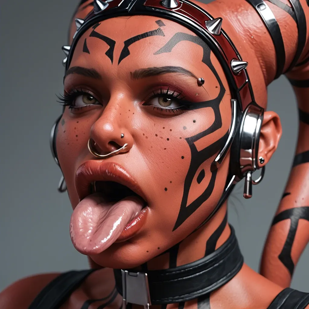 (3d), Indian hindi twi'lek, (obese), hyper lips, gaping mouth, tongue out, red skin, darth talon, facial piercings, cow nose ring, spike eyebrow piercings, freckles