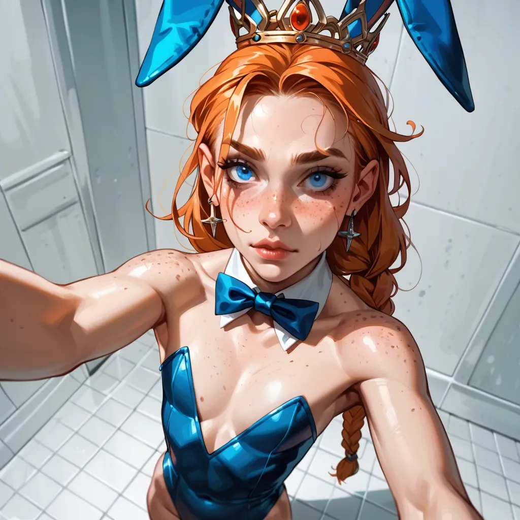 1femboy,freckles ,blue eyes, skinny, pretty boy, braided crown, orange hair,high angle selfie,rubberized,full package futanari,white paled skin, flat chest, rabbit costume,spit down,