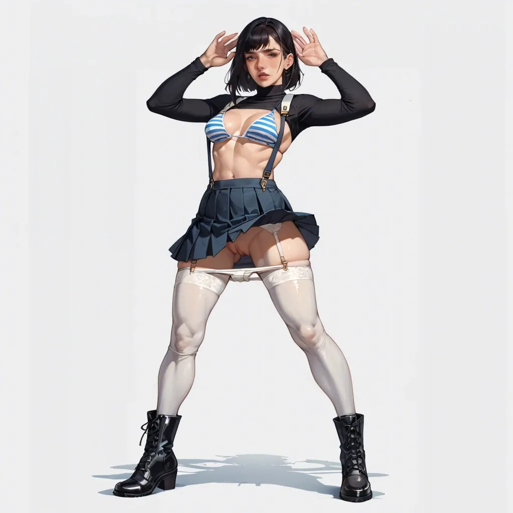 1girl,solo, , , , balls on nose,hands raised,perky breasts,large hips,ankles, pleated skirt,striped bikini,suspenders,no panties,black boots, white pants,pantyhose pull,garter belt,white leotard,boots, city, cyberpunk, android, digital art, dark ambience, lara croft, rapunzel, ariel waifu