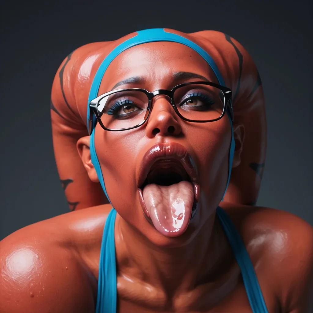 (3d), Indian twi'lek, (obese), milf hyper lips, gaping mouth, tongue out, red skin, dark talon, glasses