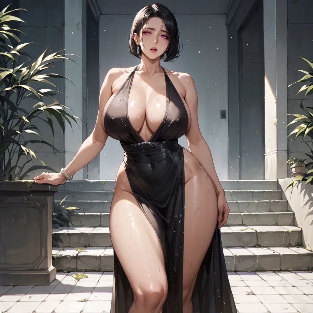 Korean milf, bob cut, black hair, pink eyes, huge breasts, wide hips, big thighs, black evening gown