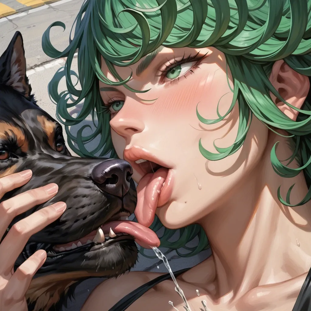 Tatsumaki(One-Punch Man), public street, close-up, eye contact, detailed face, blushing, hard nipples, laying on back, squirting, feral wolfdogs, kissing, detailed tongue, detailed pussy, fingering, detailed soles