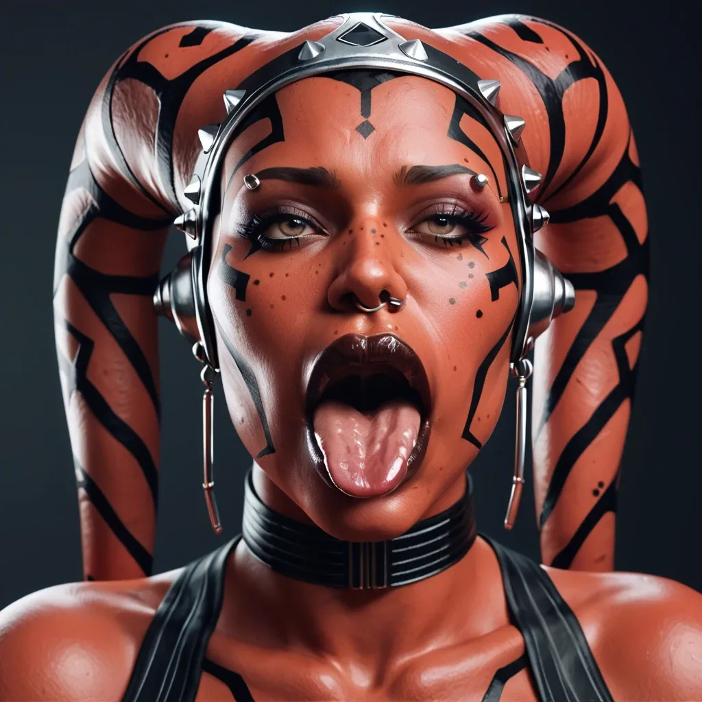 (3d), Indian hindi twi'lek, (obese), hyper lips, gaping mouth, tongue out, red skin, darth talon, facial piercings, nose ring, eyebrow piercings, freckles