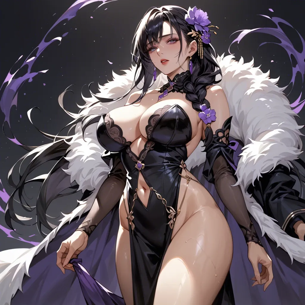 1girl,purple flower,hair flower,bangs,purple eyes,braid,mature female,makeup,eyelashes,hair over shoulder,black hair,two-sided fabric,fur trim,revealing clothes,large breasts,black dress,strapless dress,pelvic curtain,bridal gauntlets,detached sleeves,brown, 18yo,Young female,Beautiful Fingers,Beautiful long legs,Beautiful body,Beautiful Nose,Beautiful character design, perfect eyes, perfect face,expressive eyes, official art,extremely detailed CG unity 8k wallpaper, perfect lighting,Colorful,shiny skin, (masterpiece:1.0),(best_quality:1.0), ultra high res,4K,ultra-detailed, photography, 8K, HDR, highres, absurdres:1.2, Kodak portra 400, film grain, blurry background, bokeh:1.2, lens flare, (vibrant_color:1.2), (beautiful_face:1.5),(narrow_waist), ,NSFW,smiling,blushing,solo