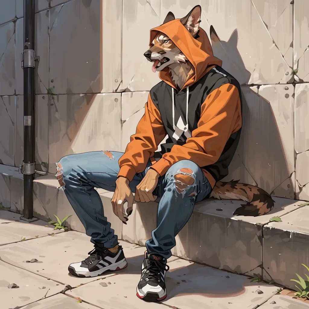 anthro shepherd sitting on the wall,in black zio hoodie and jeans,full body standing straight