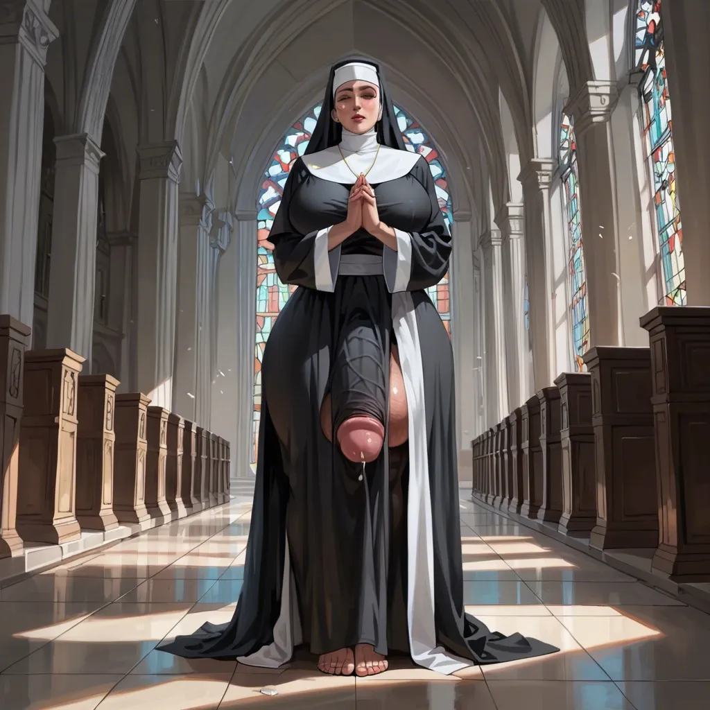 Nun,Huge ass, wide hips, thick thighs, huge breasts,breasts bigger than head, futanari , massive cock, huge balls ,flaccid,  huge bulge, ankle long skirt, full body view, standing, praying, , horny