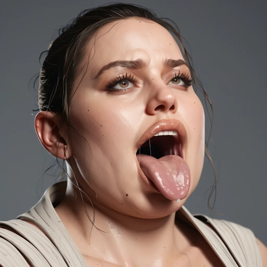 (3d), Rey Skywalker, (obese), milf hyper lips, gaping mouth, tongue out