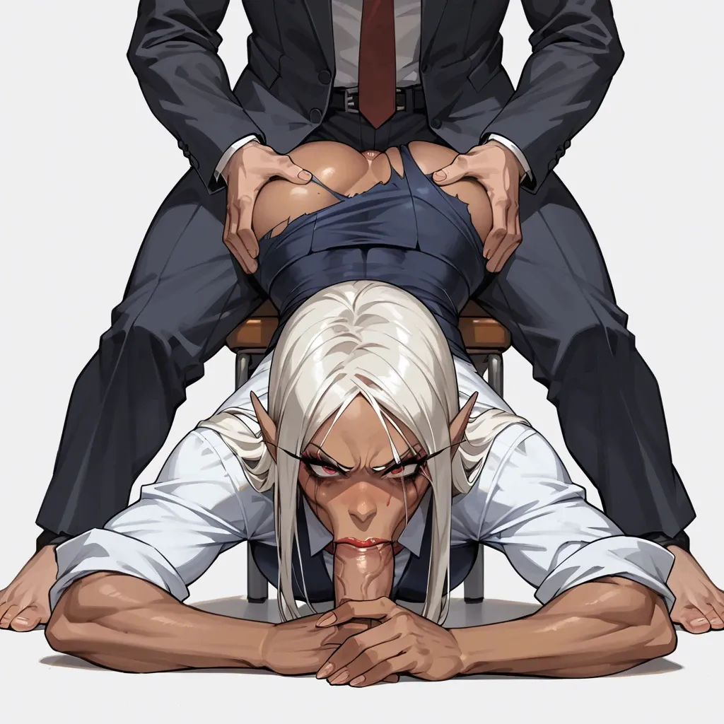 Miruko, business suit, blowjob, mascara tears, ripped clothes, barefoot, angry face