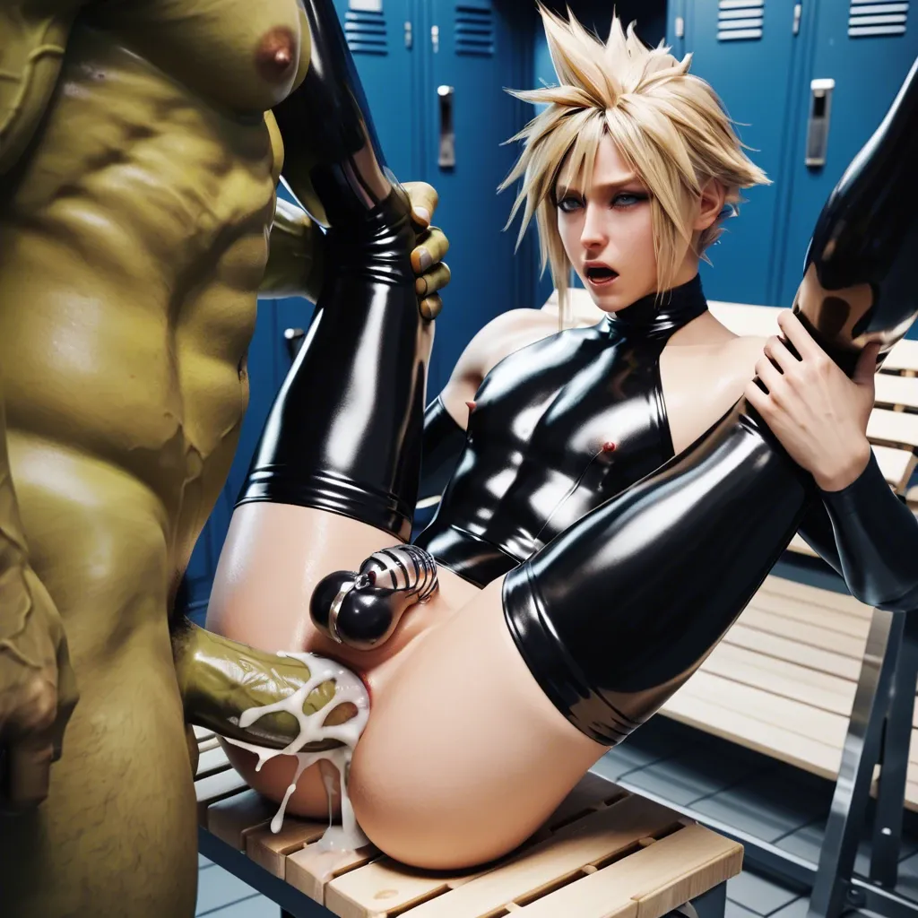 1Femboy,2orc, 3d,cloud strife, chastity cage, pretty boy,gay porn, skinny,slim context, locker room, legs up, double anal penetration,size difference,random angle,huge cum,latex uniform,